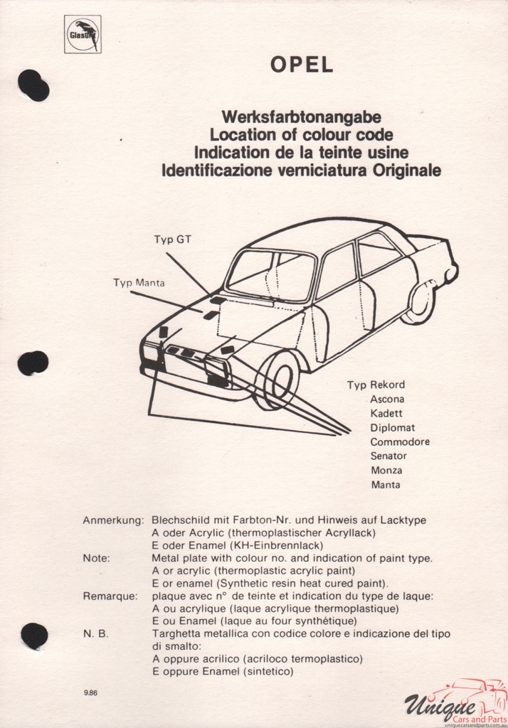 1988 Opel Paint Charts Glasurit 9